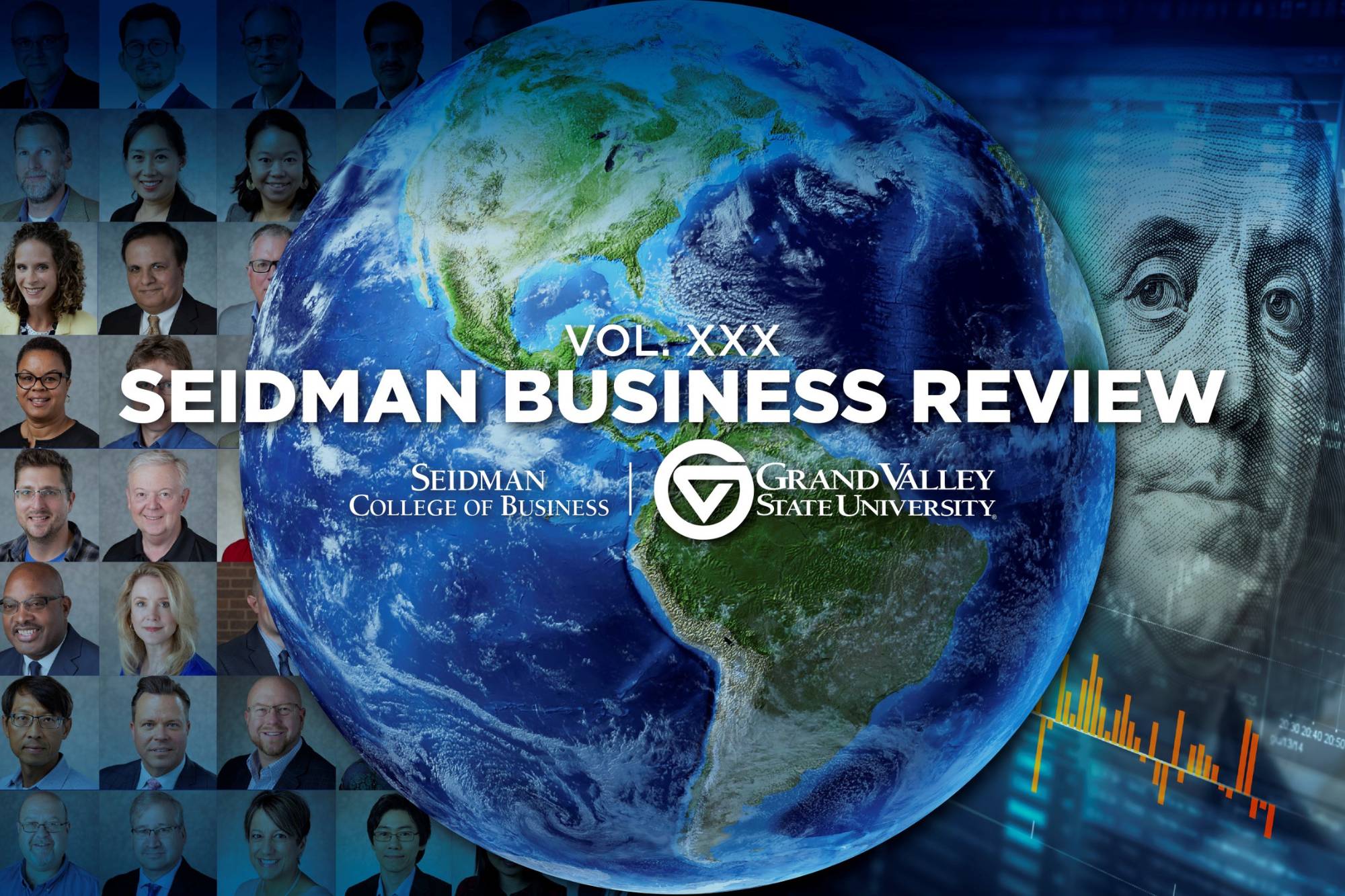 seidman business review publication cover pf globe over top photos of Seidman faculty and staff